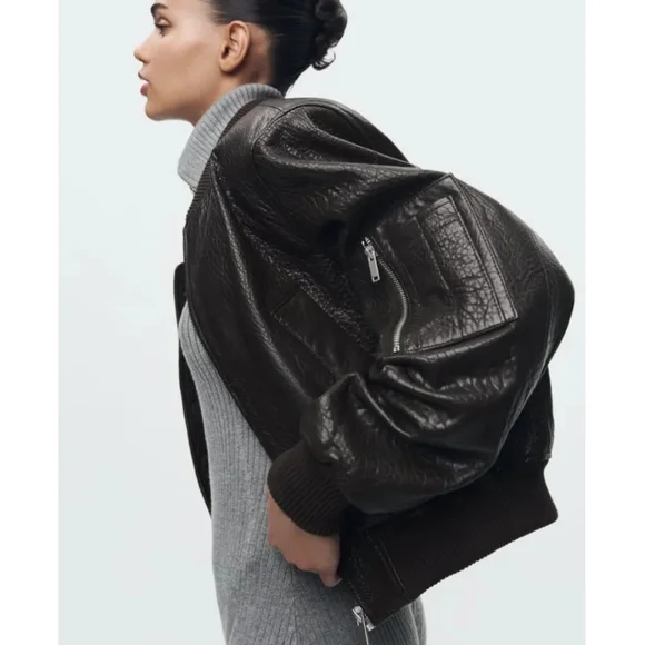 Zara Brown ZW Leather BomberBrown Jacket